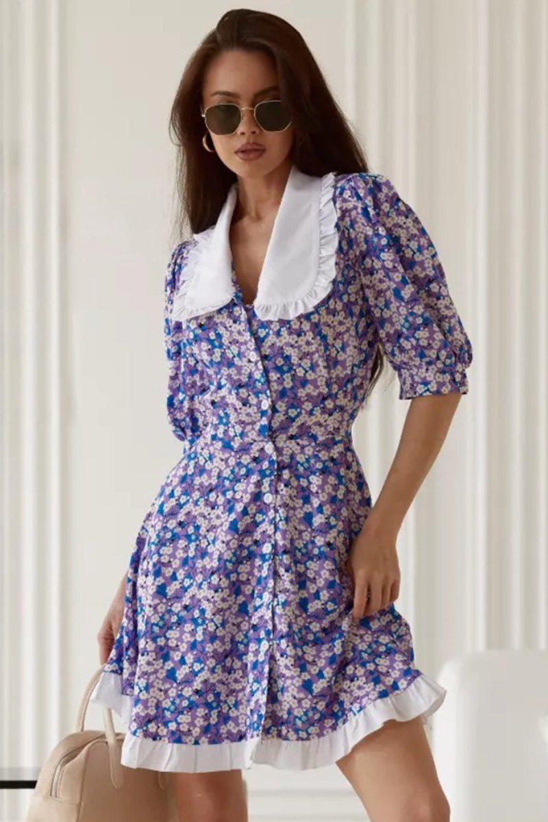 Purple Oversized Peter Pan Collar Puff Sleeve Ruffle Hem Ditsy Floral Mini Dress 2