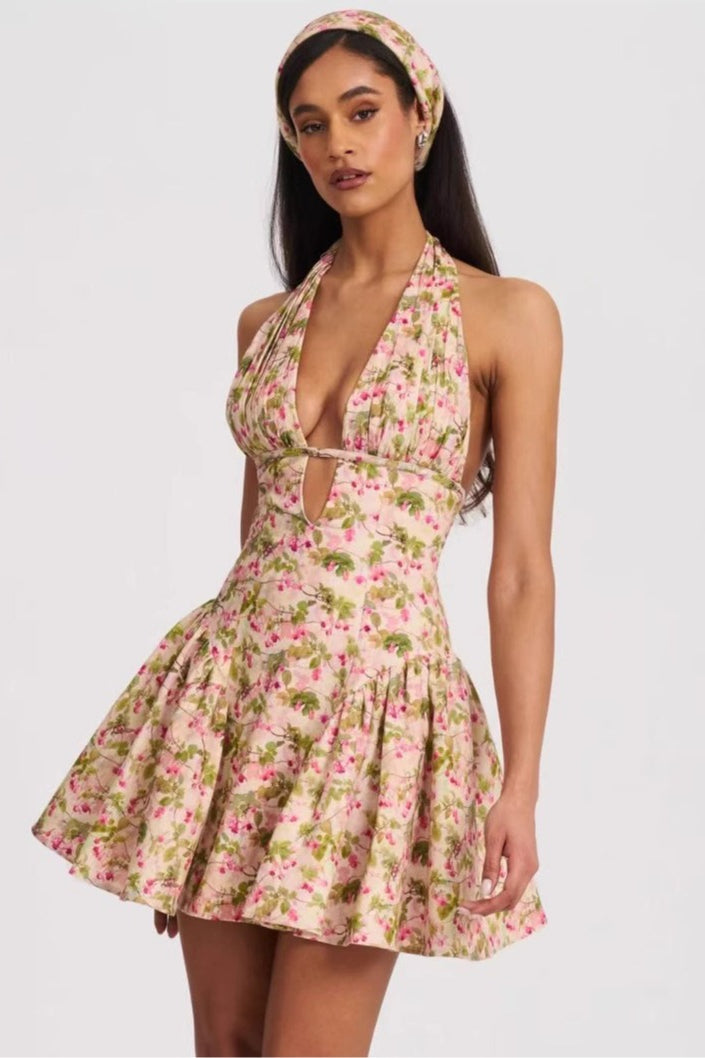 Halter Backless Mini Floral Dress