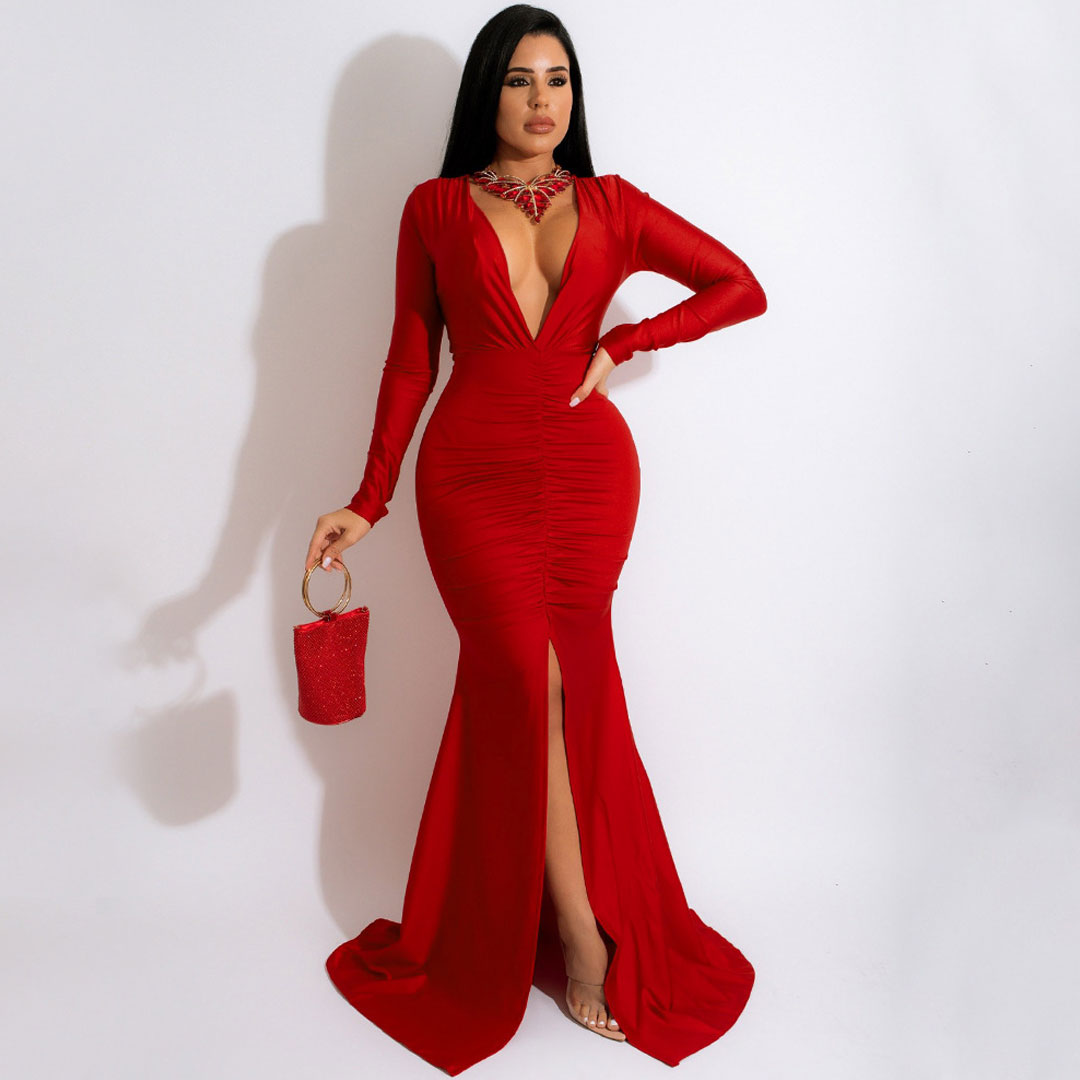 Red Deep V Long Sleeve Ruched High Slit Mermaid Gown