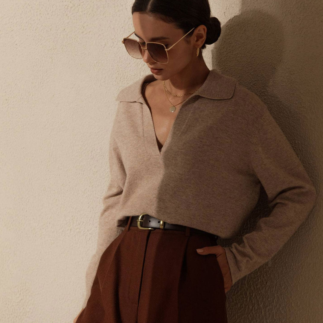 Apricot Collared V-Neck Long Sleeve Knit Sweater