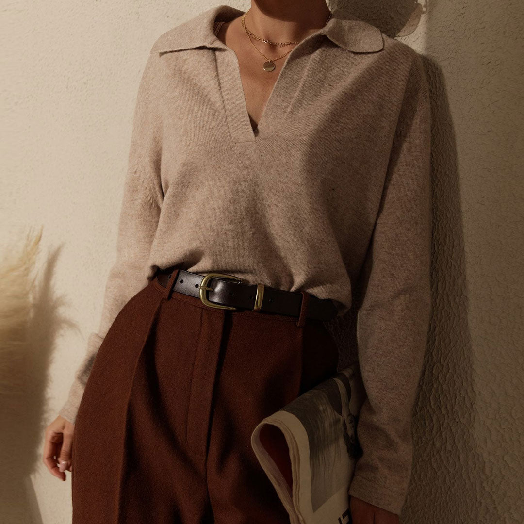 Apricot Collared V-Neck Long Sleeve Knit Sweater