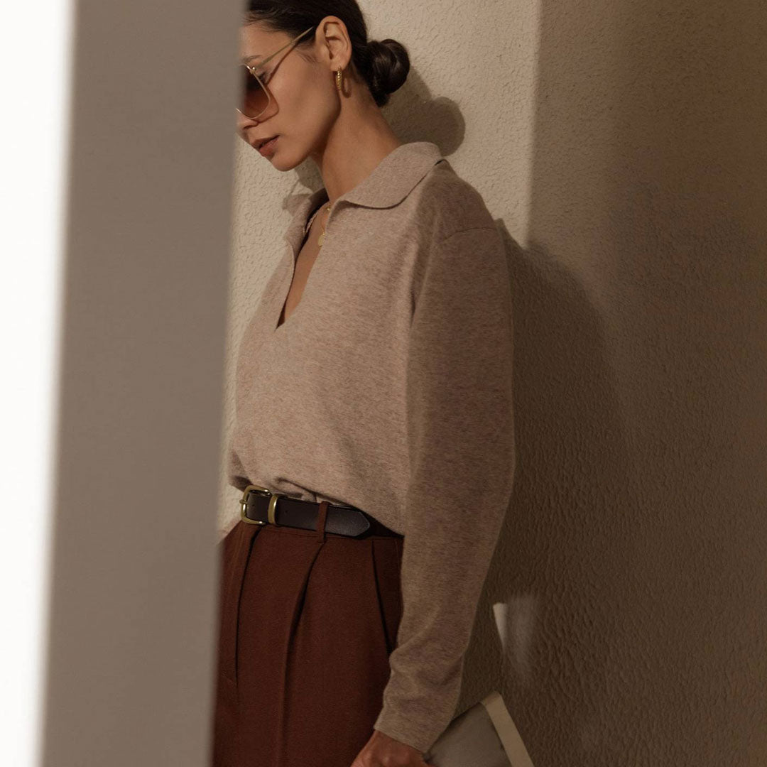 Apricot Collared V-Neck Long Sleeve Knit Sweater