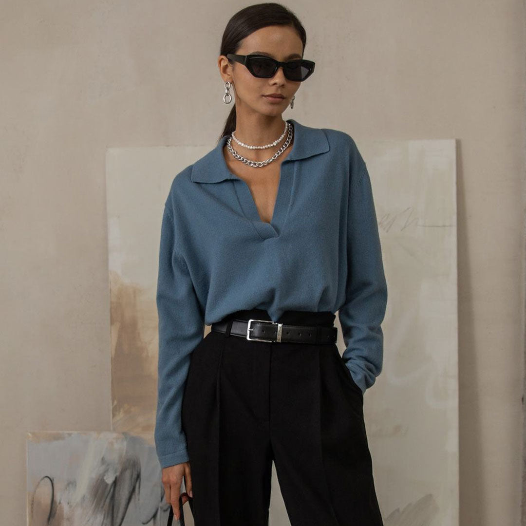 Blue Collared V-Neck Long Sleeve Knit Sweater