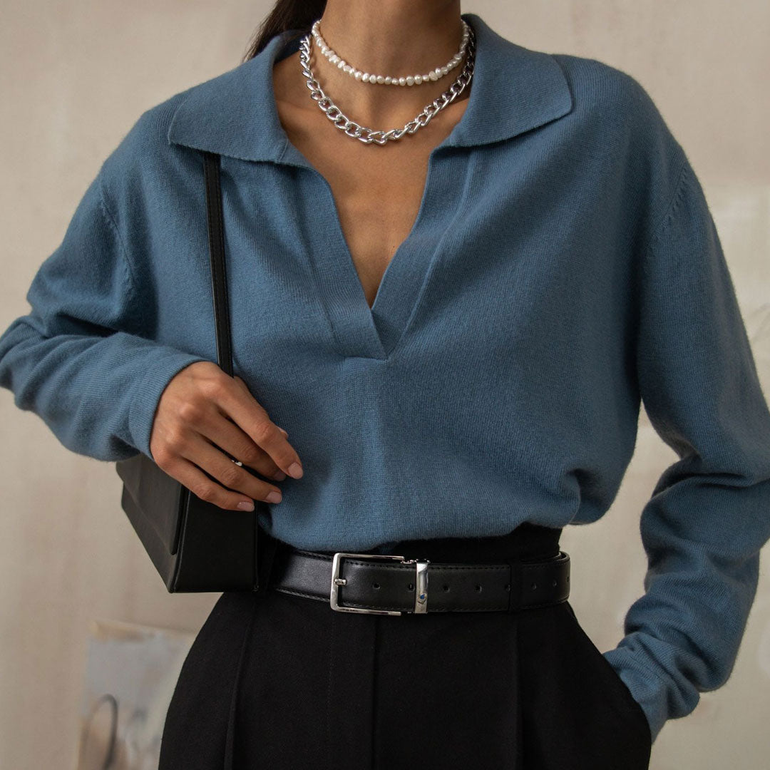 Blue Collared V-Neck Long Sleeve Knit Sweater 3