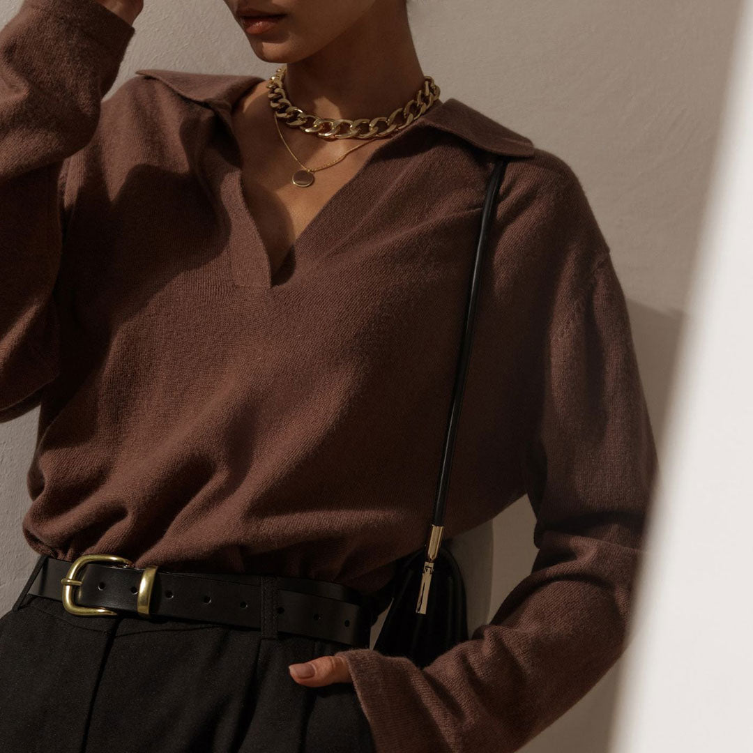 Coffee Collared V-Neck Long Sleeve Knit Sweater