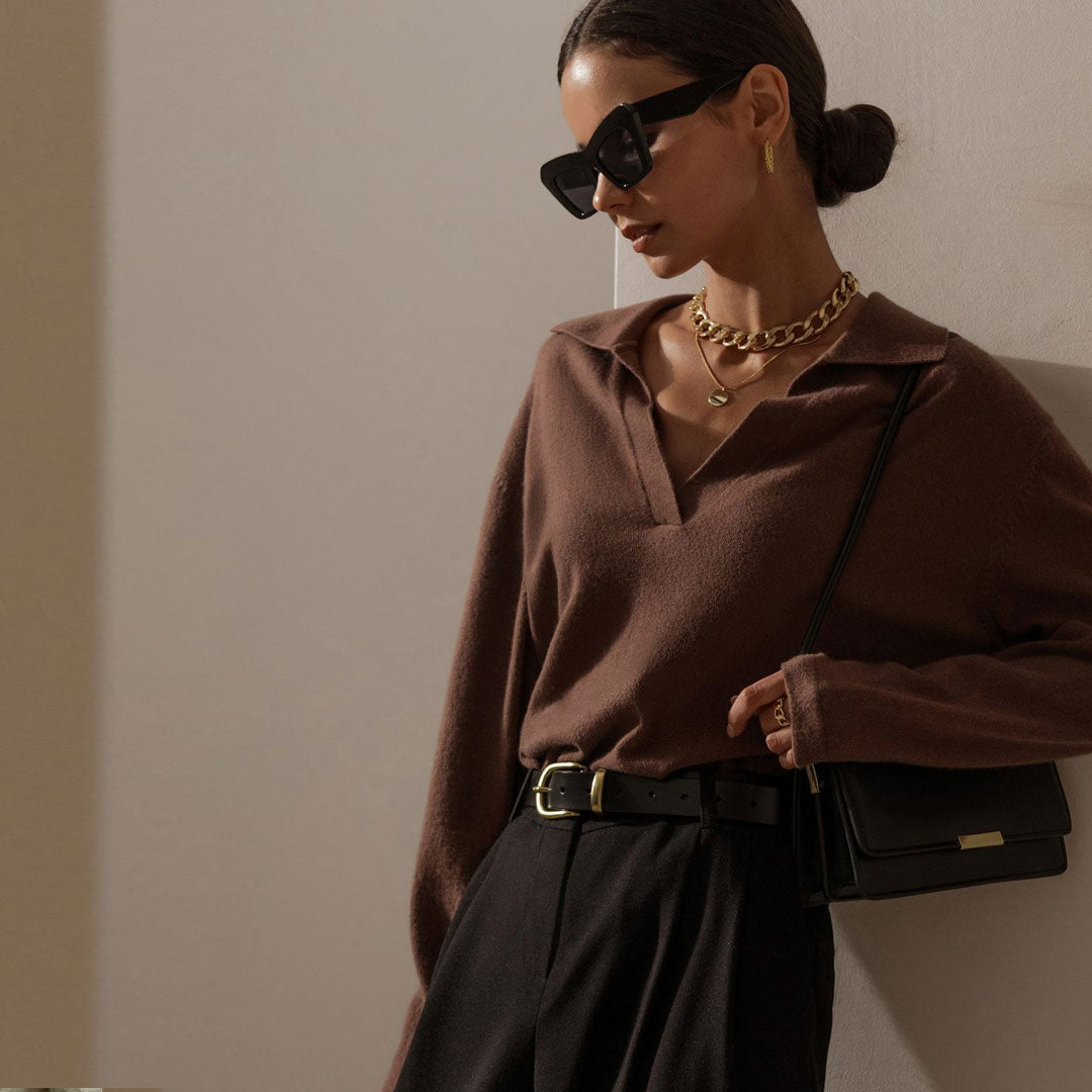 Coffee Collared V-Neck Long Sleeve Knit Sweater