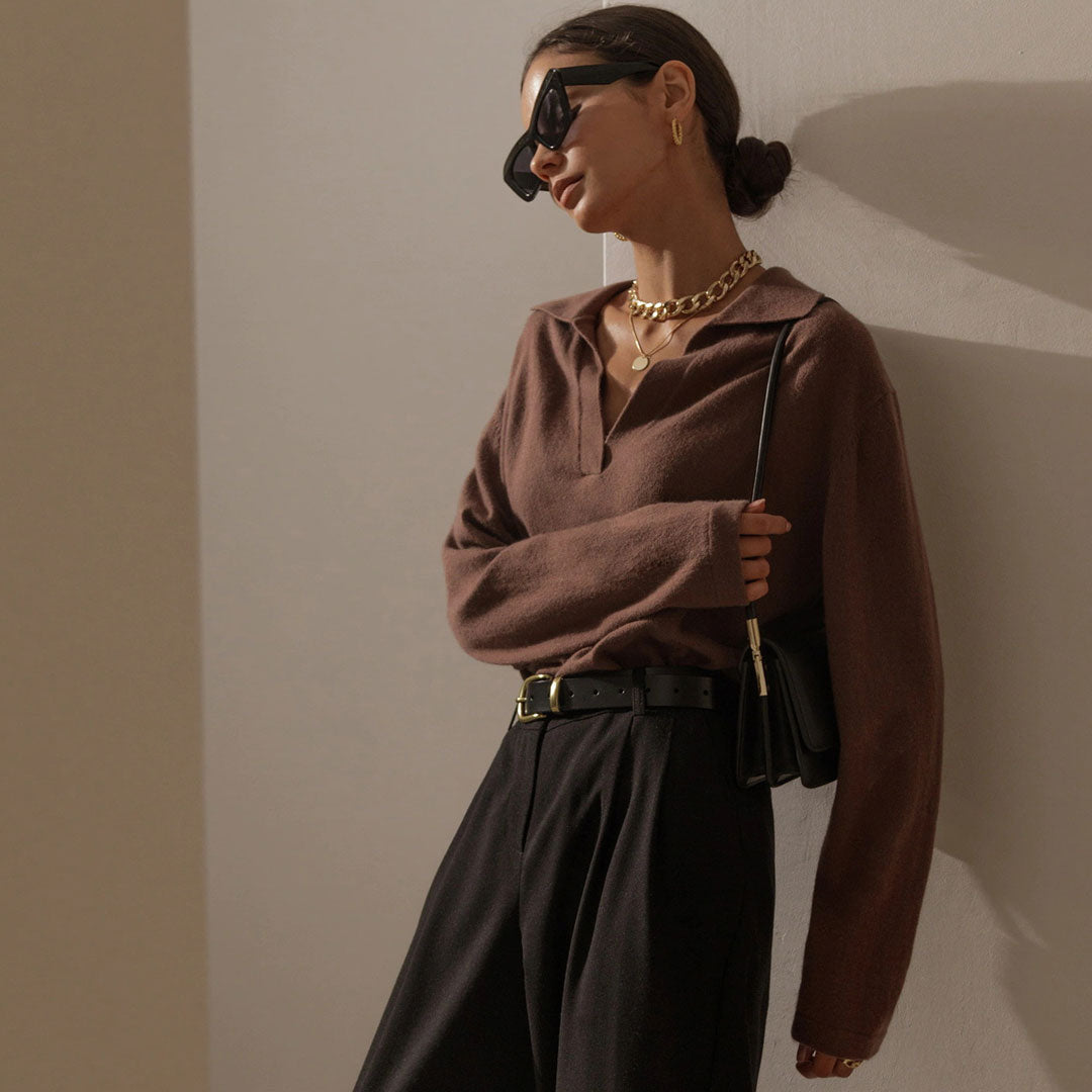 Coffee Collared V-Neck Long Sleeve Knit Sweater