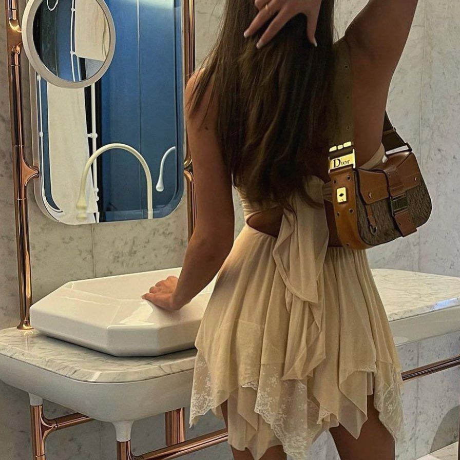 Beige Strapless Ruched Mesh Open Back Handkerchief Hem Mini Dress