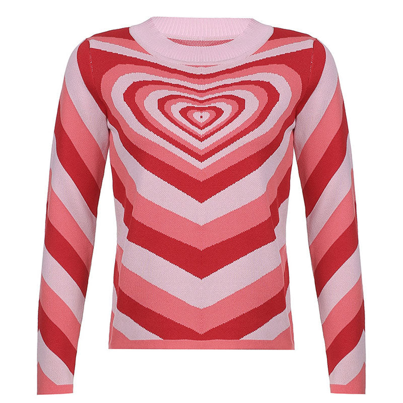 Pink High Neck Long Sleeve Radiating Heart Pullover Sweater