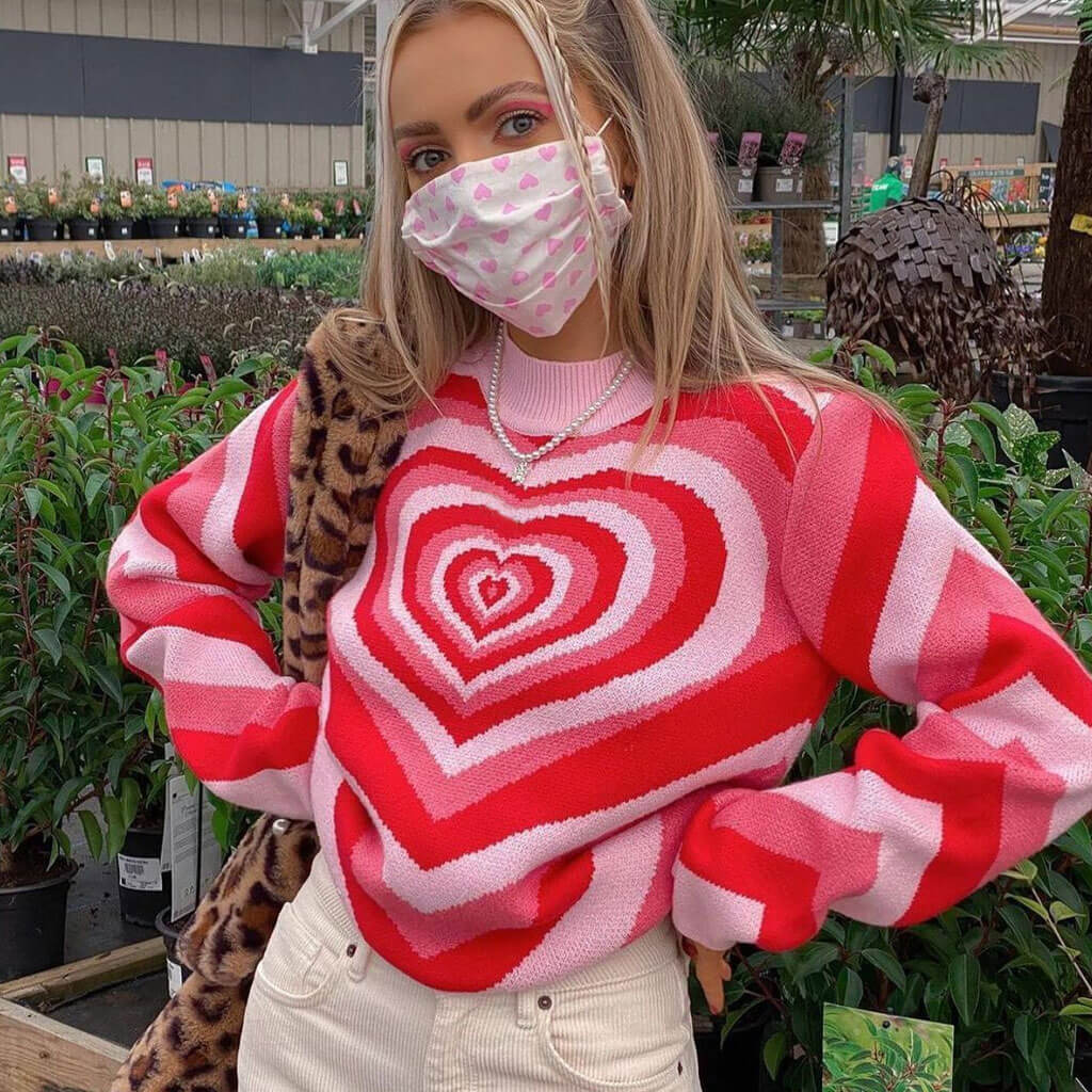 Pink High Neck Long Sleeve Radiating Heart Pullover Sweater