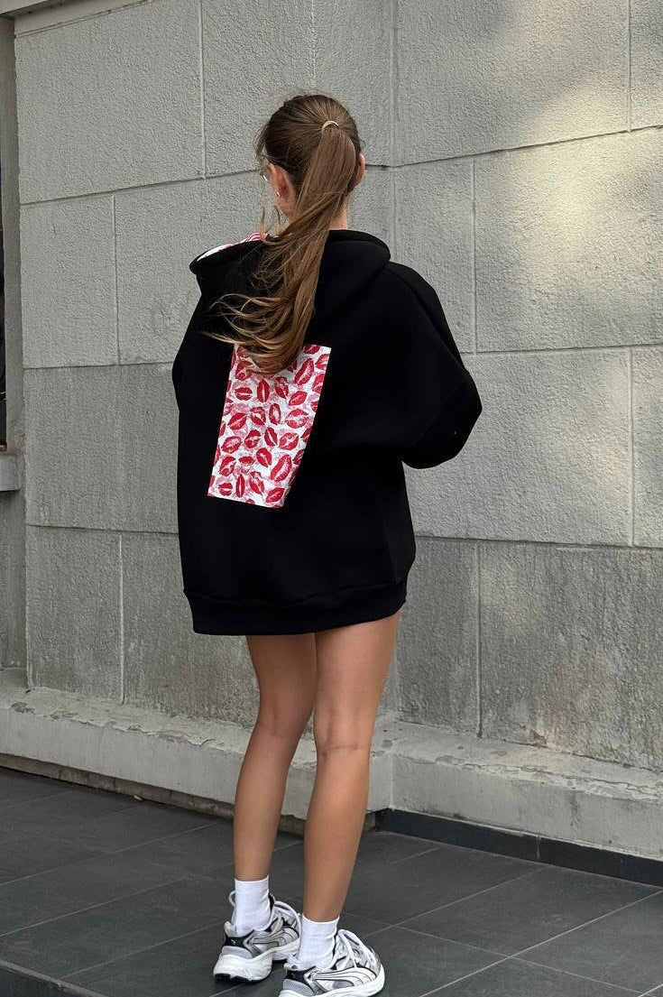 Oversized Boyfriend Lip Print Hoodie