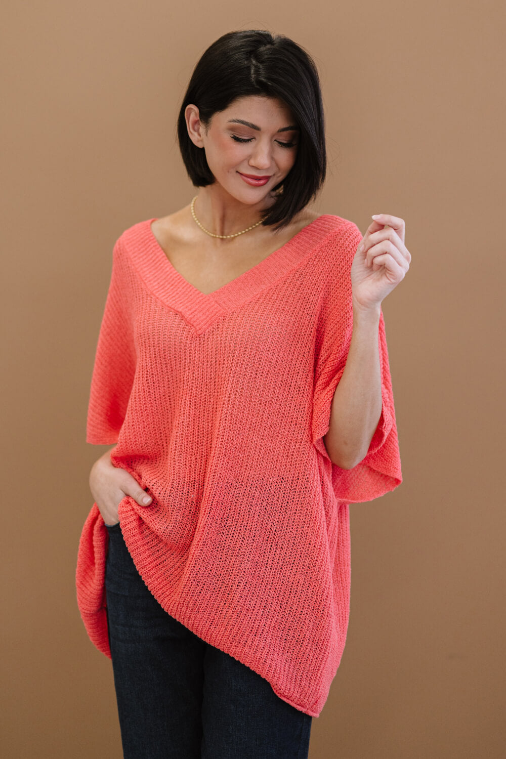 Deep Coral V-Neck Short Sleeve Openwork Loose Knit Sweater