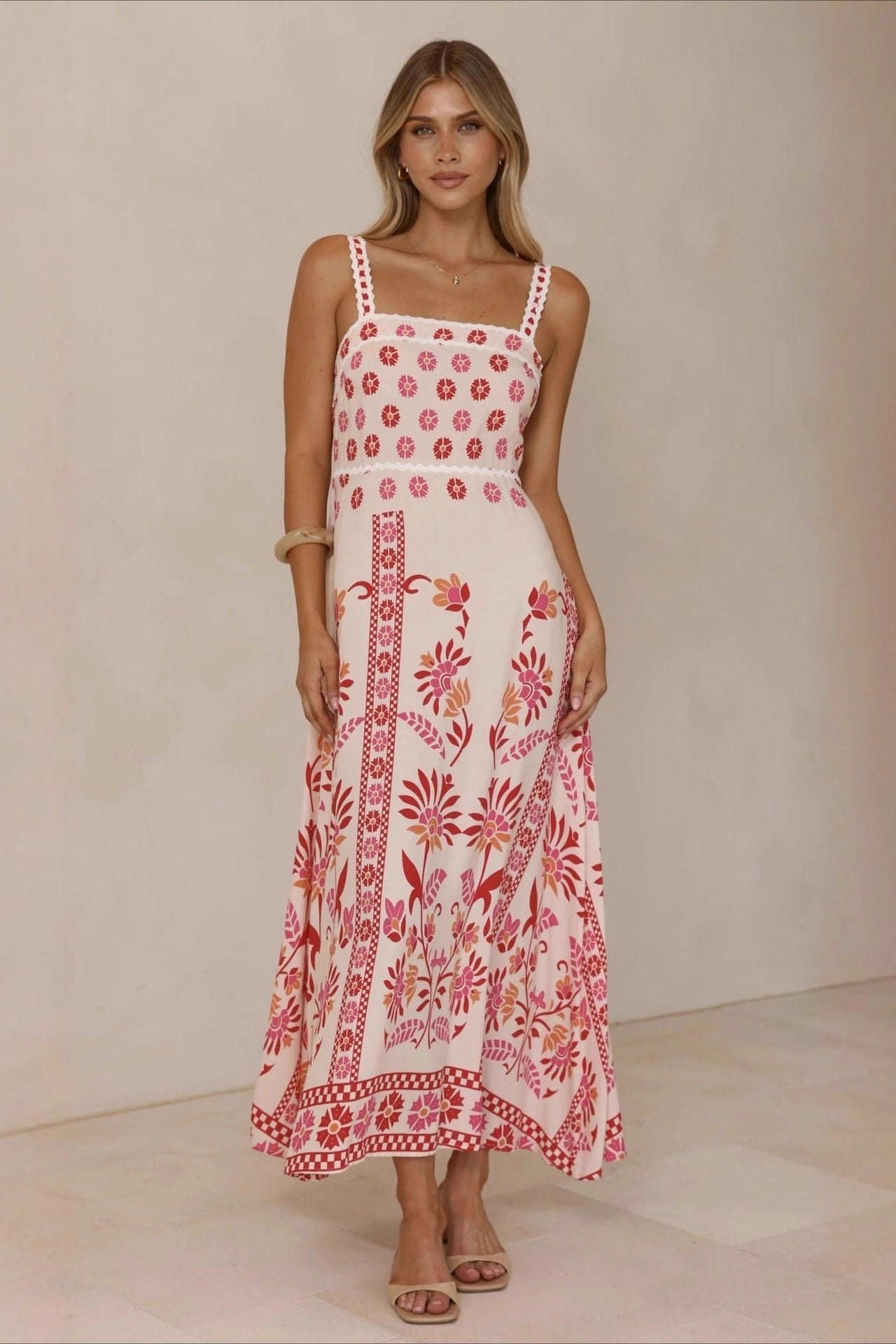Square Neck Lace Trim Empire Waist Geometric Floral Border Maxi Dress 3