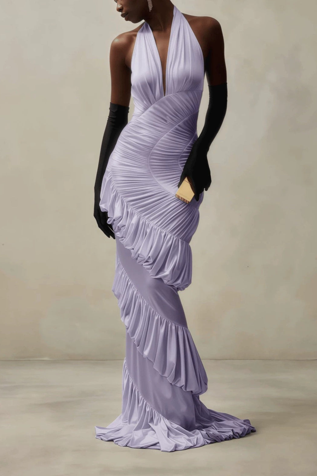 Elegant Solid V Neck Halter Backless Fitted Ruched Party Dress