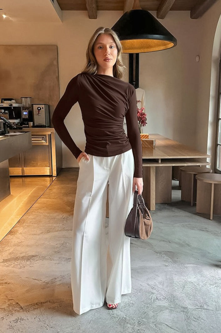 Vintage Brown Crew Neck Slim Waist Long Sleeve Base Layer