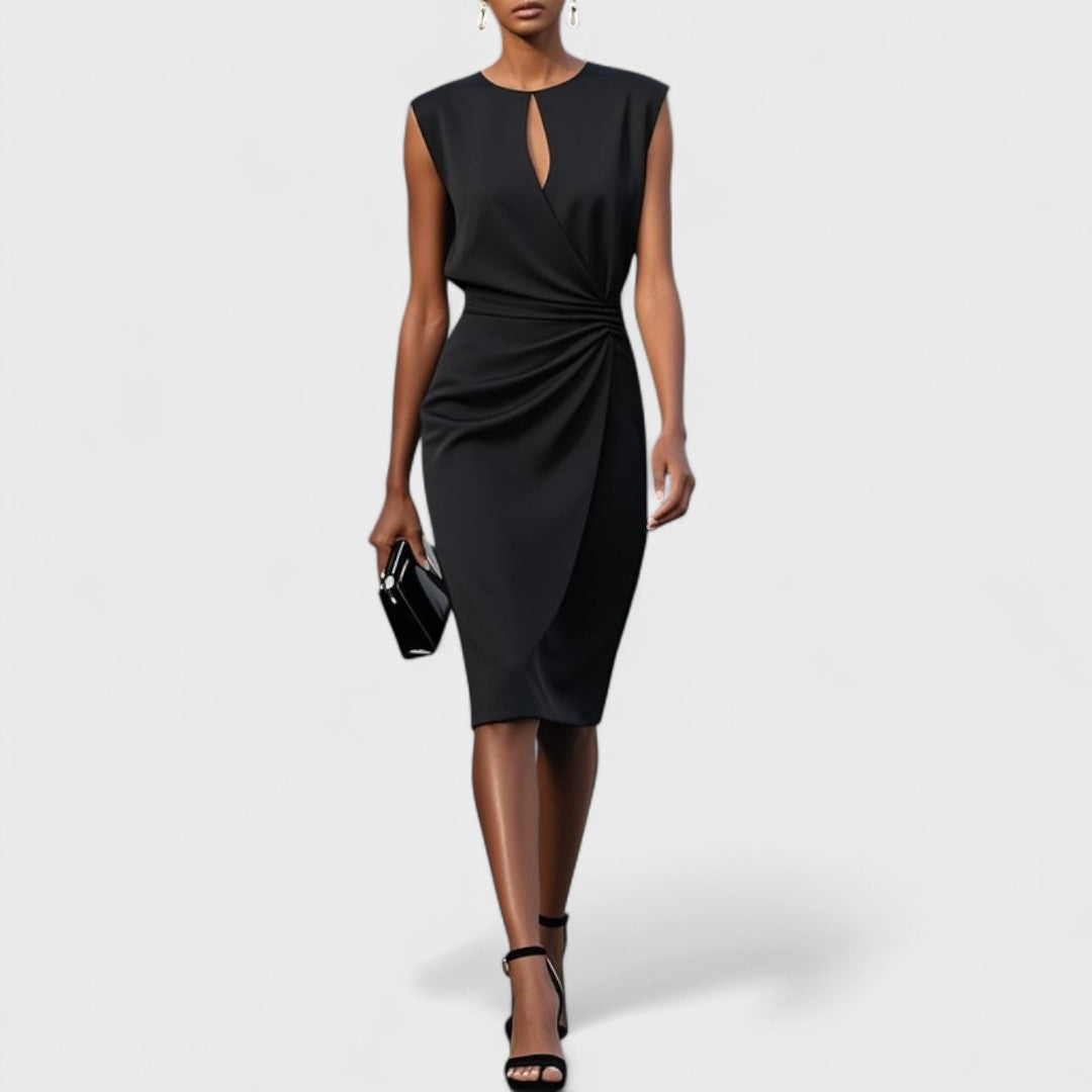 Keyhole Neck Sleeveless Ruched Twist Waist Tulip Midi Dress