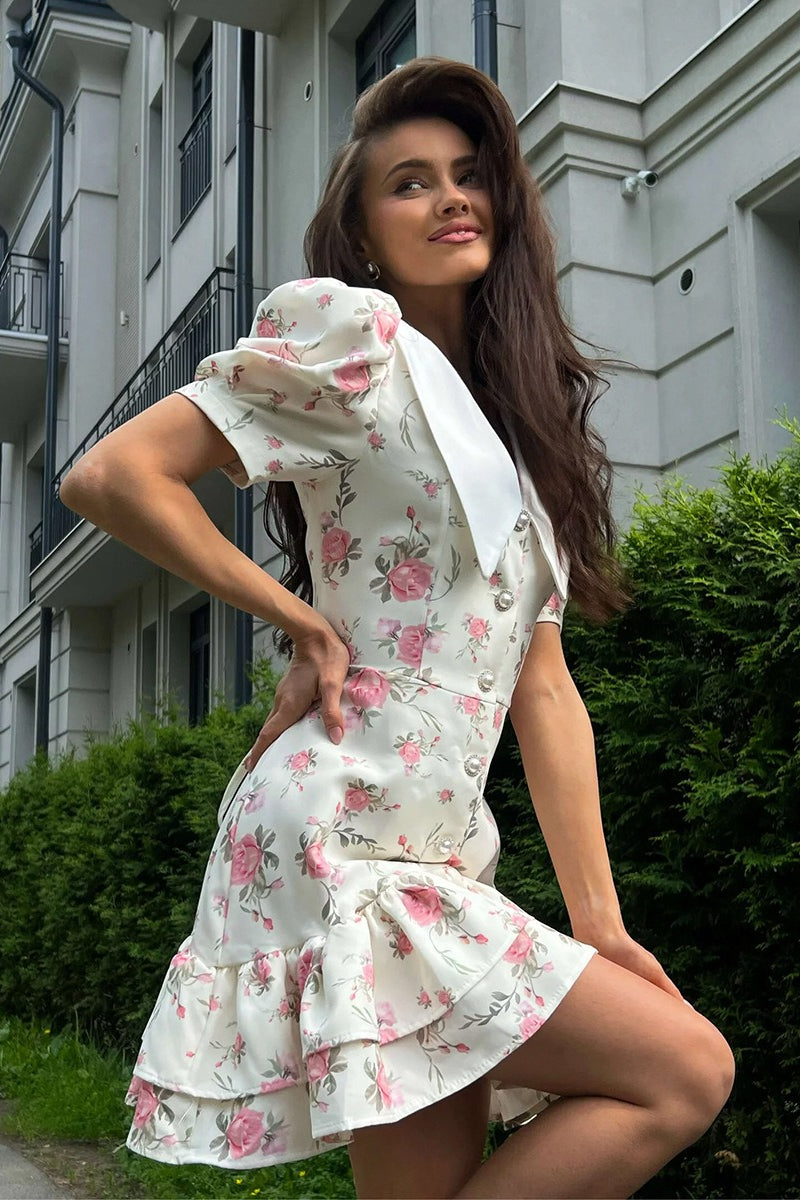 Oversized Collar Puff Sleeve Pearl Button Ruffle Tier Hem Floral Print Mini Dress 2