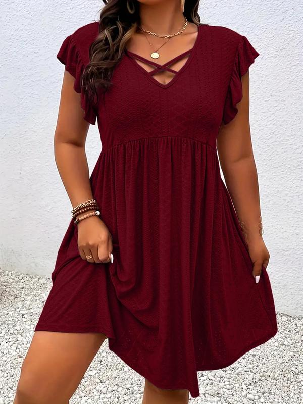 Crisscross V-Neck Flutter Sleeve Eyelet Babydoll Mini Dress