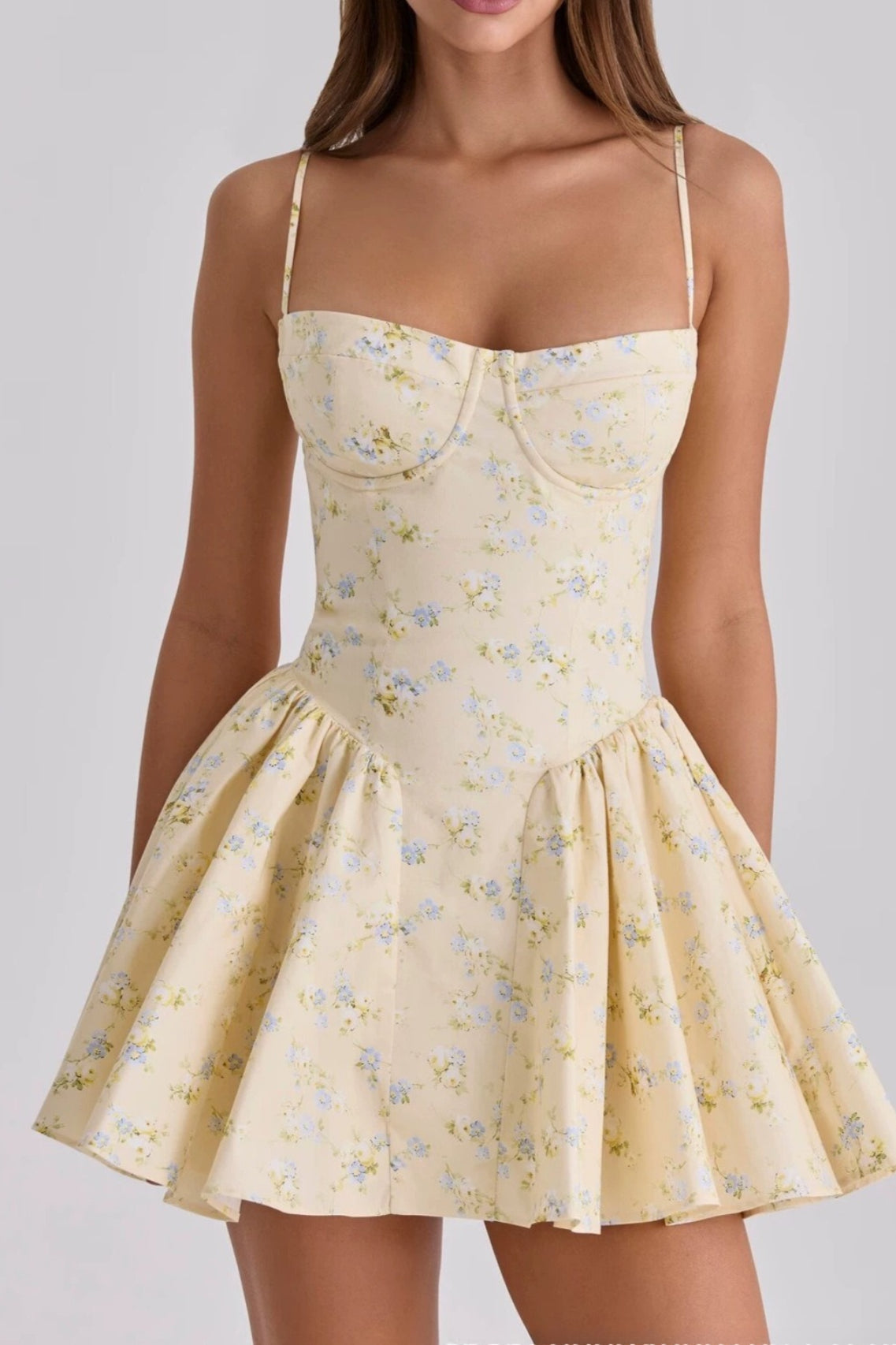 Strap Waist Puff Short Floral Dress