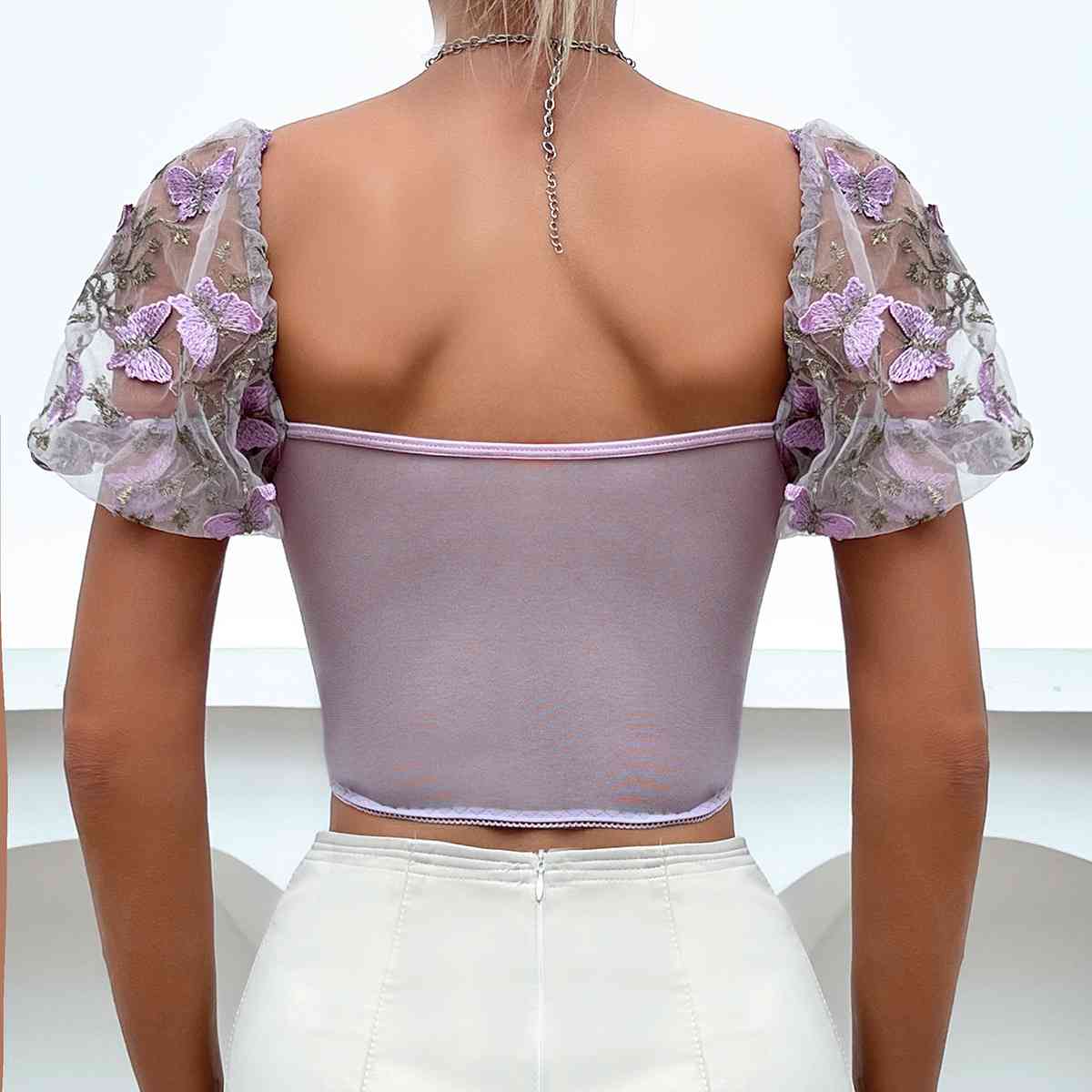 Butterfly Whispers Embroidery Charming Mesh Corset Top