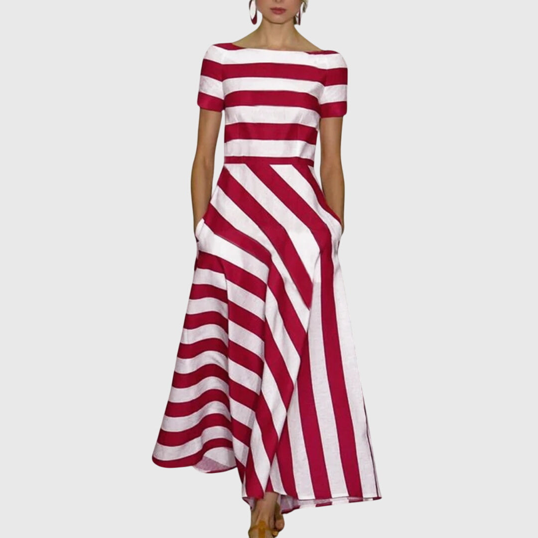 Boat Neck Striped Short Sleeve A-Line Maxi Dress