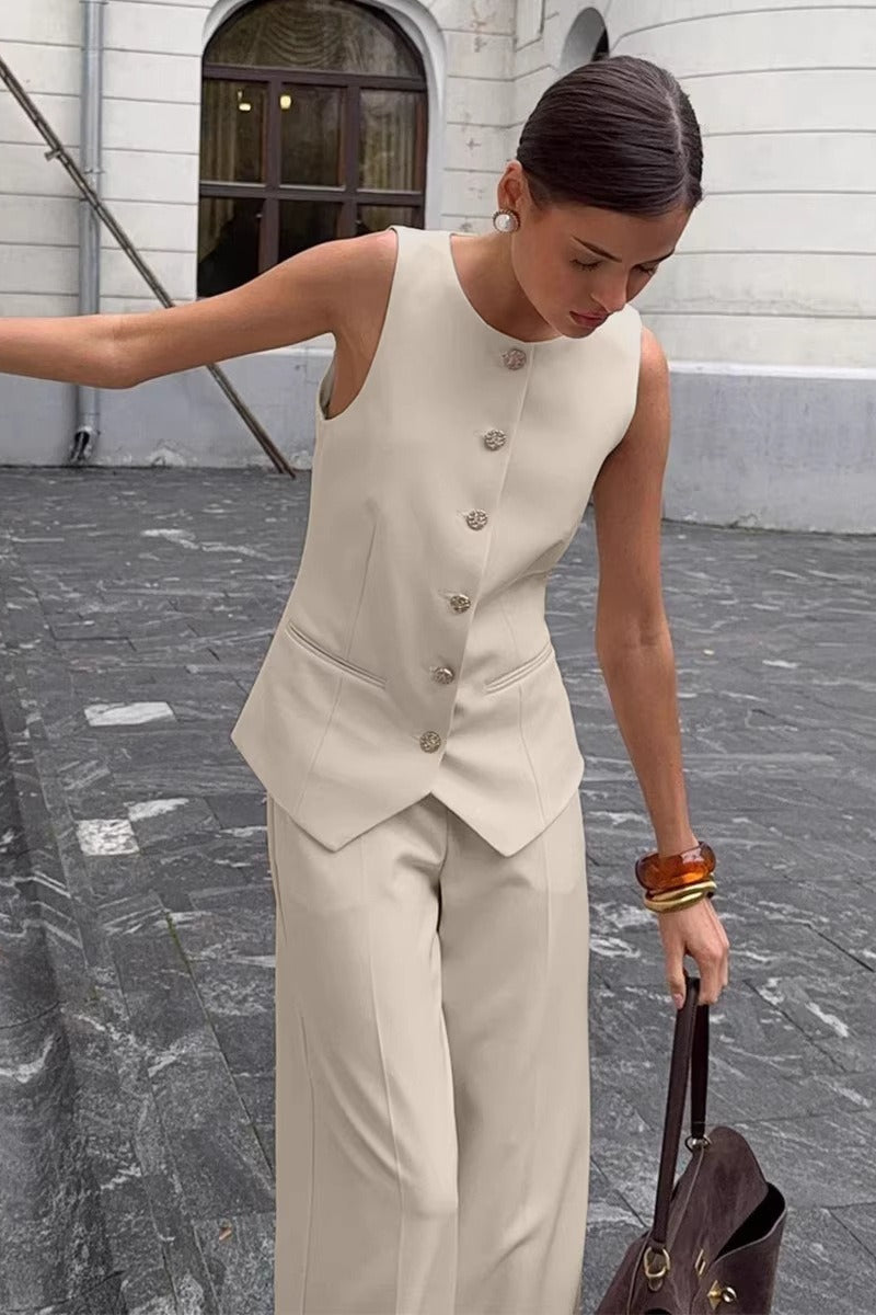 Blazer Vest Wide Leg High Waist Two Piece Work Set