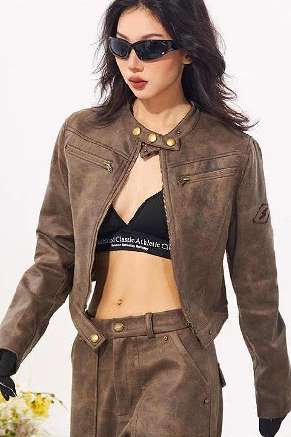 Distressed Suede Moto Stand-Collar Jacket