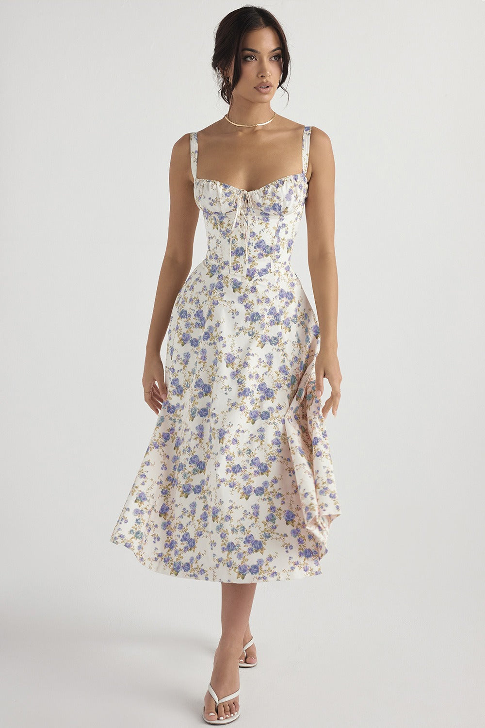 Wide Strap Sweetheart Ruched Bust Toile Floral Print A-Line Midi Dress 12