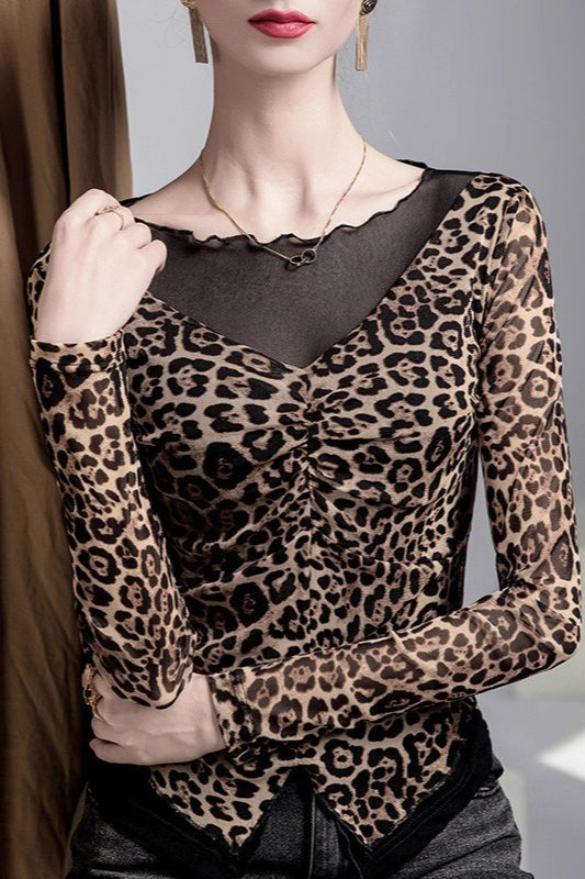 Leopard Print Fake Two-Piece Mesh-Paneled Blouse