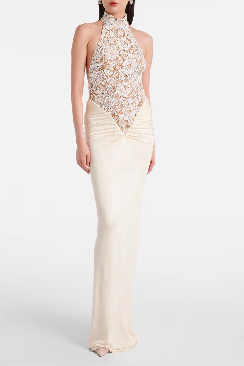 Halter Backless Lace Panel High-Waist Bodycon Party Dress