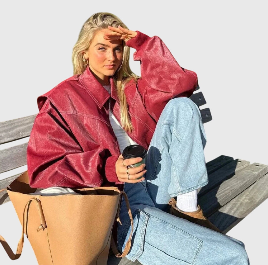 Red Spread Collar Contrast Stitch Oversized Leather Jacket