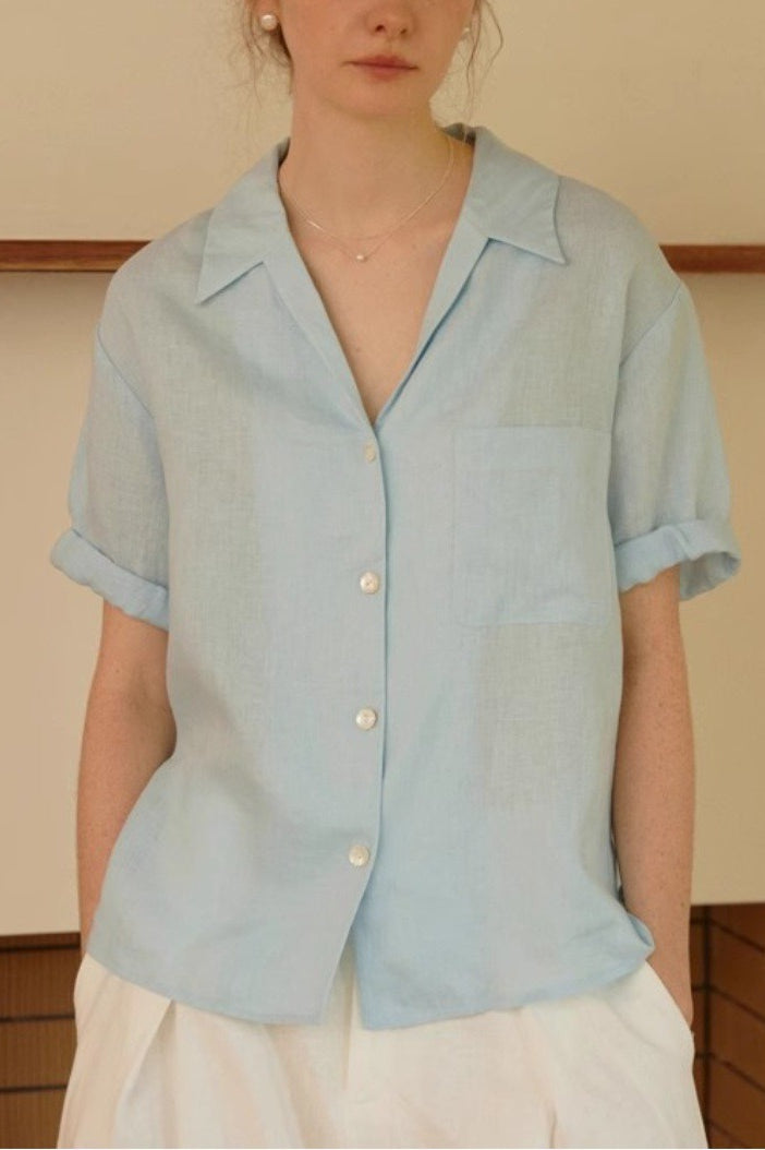Linen French Deep V Short Blouse