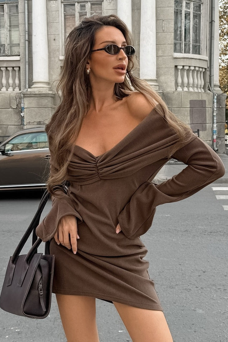 Brown Knit V-Neck Mini Dress