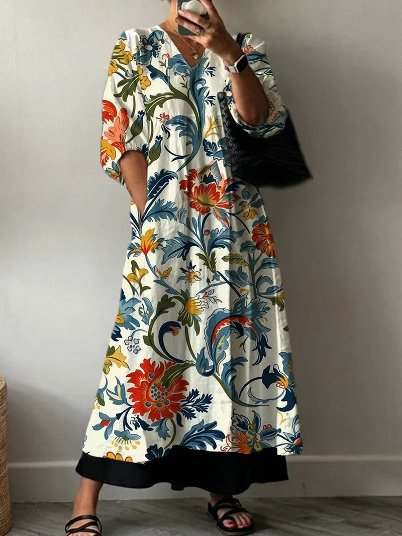 V-Neck Bold Floral Print Pocket Relaxed Shift Maxi Dress