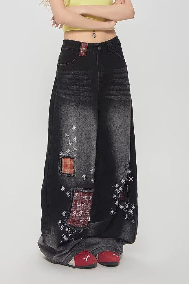 Vintage Plaid Patchwork Distressed Wide-Leg Jeans