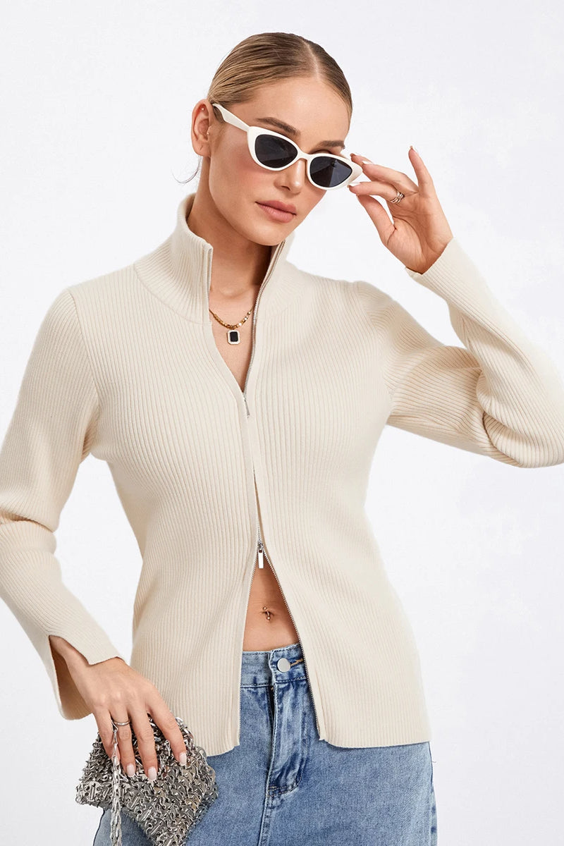 Ribbed Knit ZipUp Stand Collar Cardigan