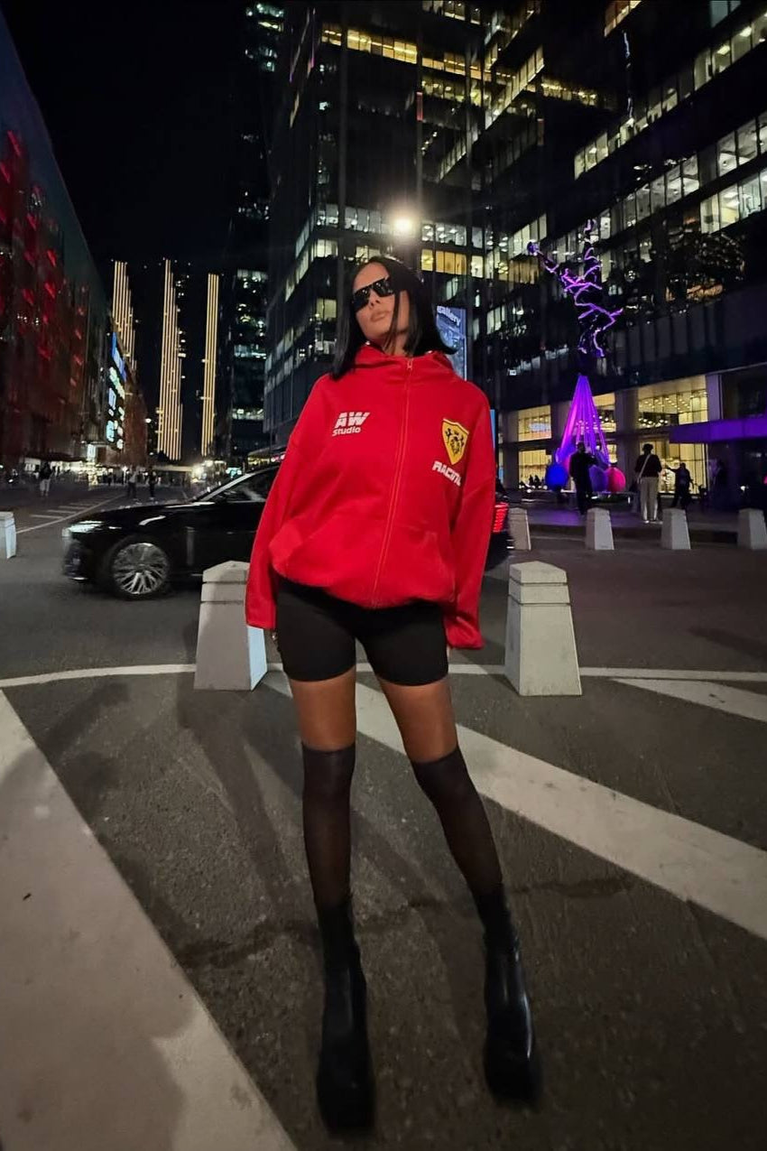 Oversized Zip-Up Logo Letter Print Hoodie