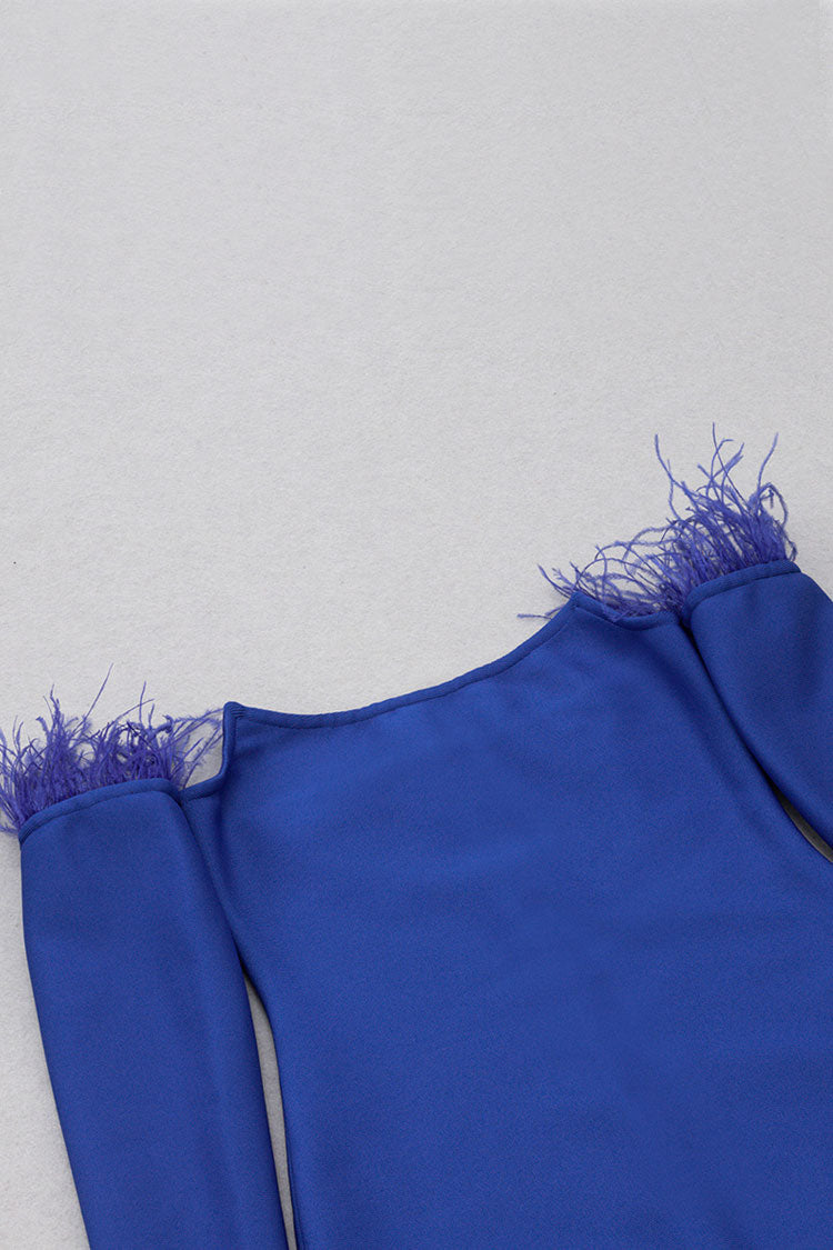 Royal Blue Square Neck Feather Trim Long Sleeve Bandage Bodycon Midi Dress
