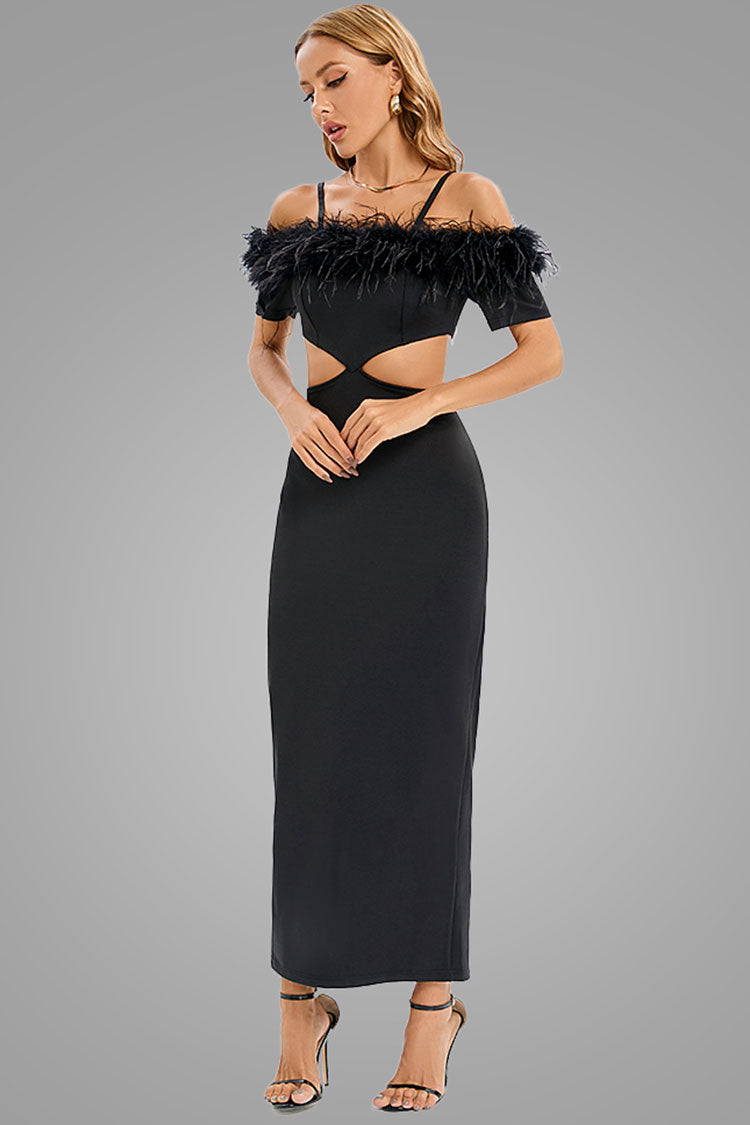 Black Feather Trim Off-Shoulder Waist Cutout Bodycon Maxi Dress