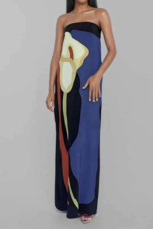Strapless Oversized Abstract Floral Placement Print Column Maxi Dress 5