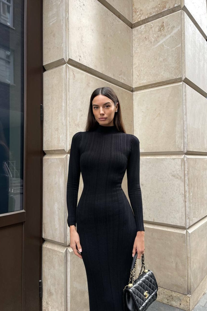 Turtleneck Striped Knit SlimFit Long Sleeve Sweater Dress