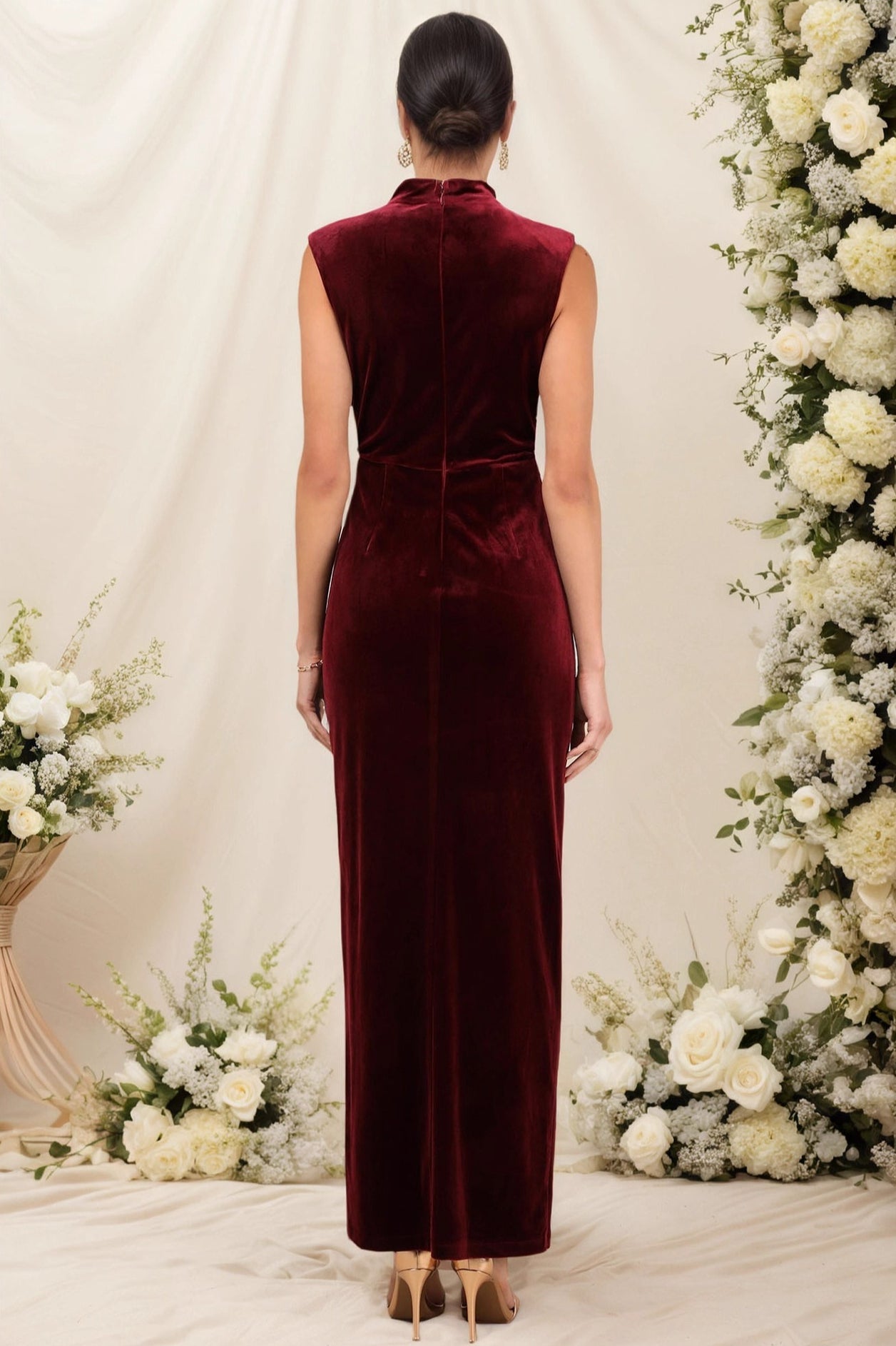 Red Mandarin Collar Slit Maxi Dress 3