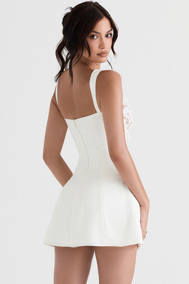 White Sweetheart Lace Trim Tie Front Satin A-Line Mini Dress 4