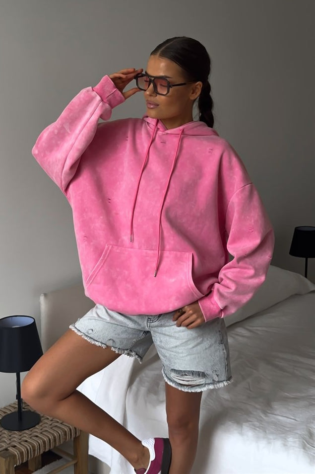 Distressed Washed Solid Cotton Hoodie