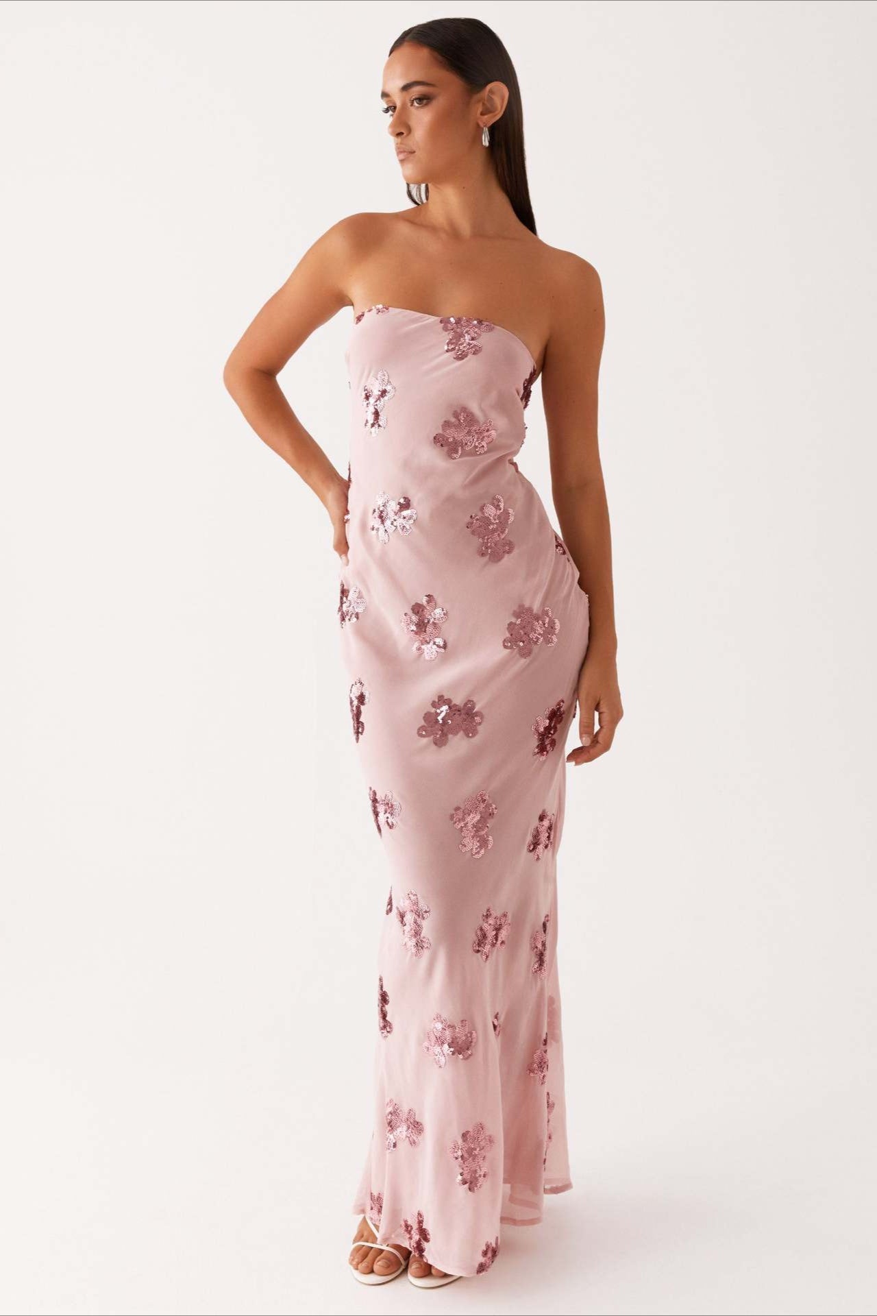 Pink Strapless Sequin Floral Embroidery Column Maxi Dress 5