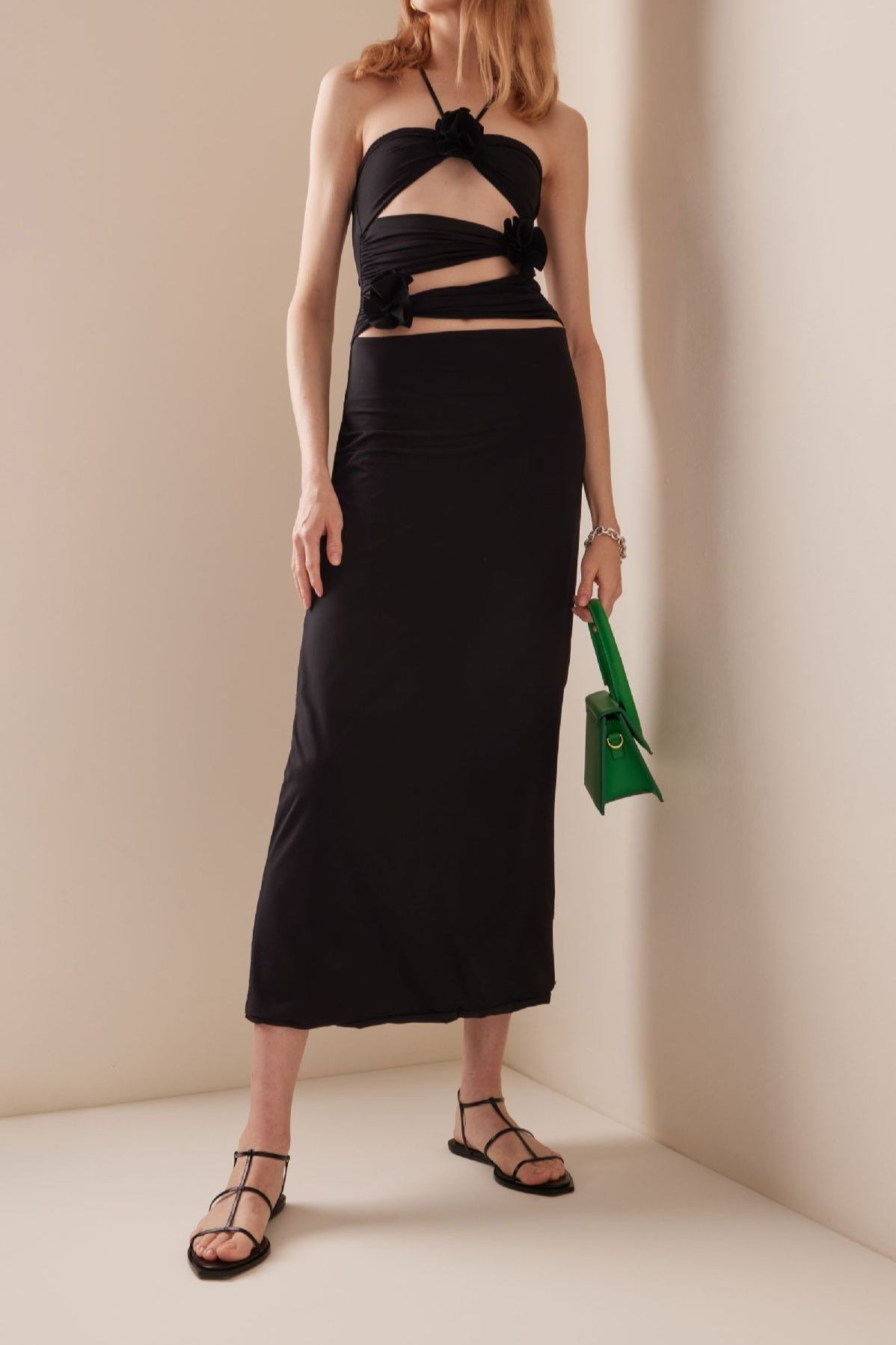 3D Floral Waist Cinch Cutout Halter Maxi Slip Dress