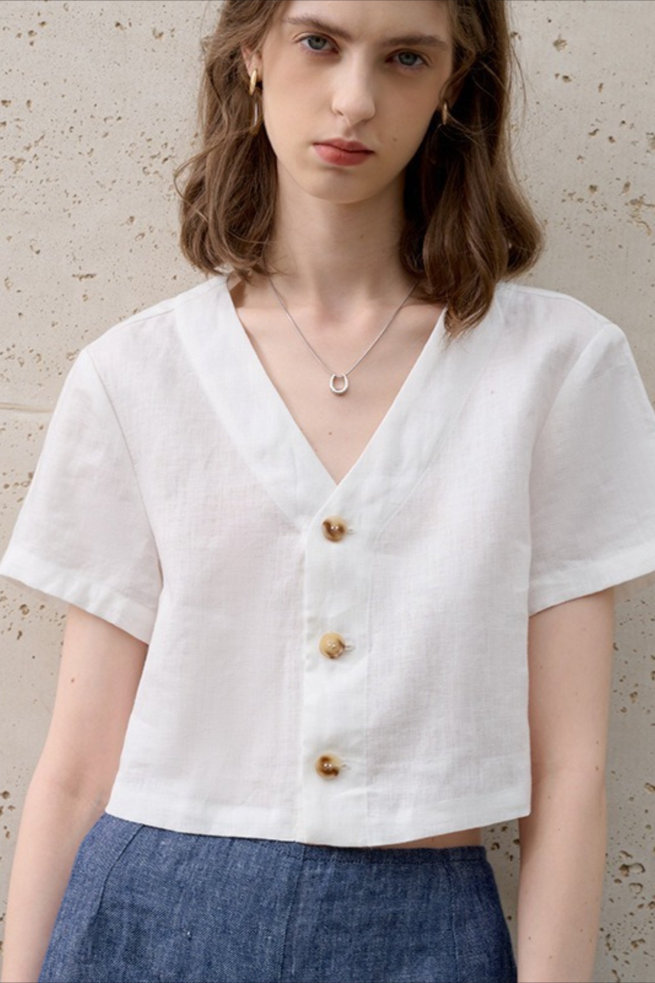 Linen V Neck Short Sleeve Blouse