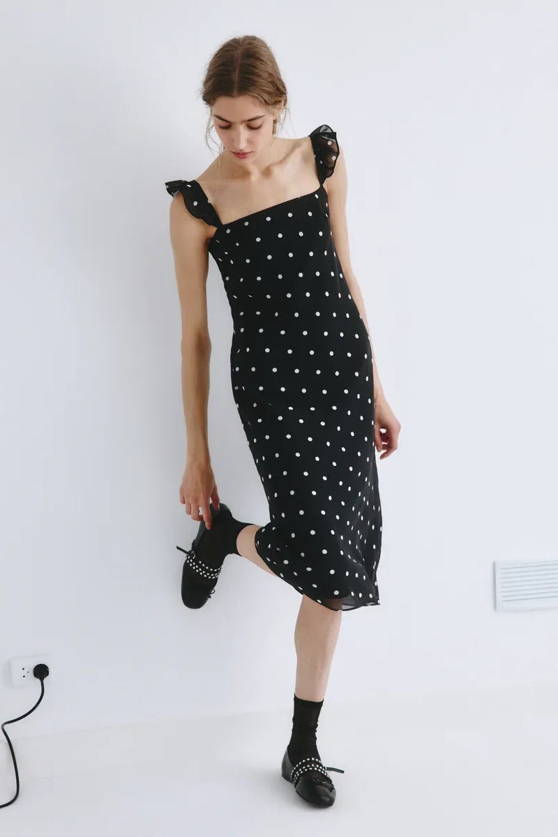 Spot Print Tulle Bodycon Midi Slip Dress
