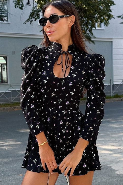 Stand Collar Tie Waist A Line Floral Dress