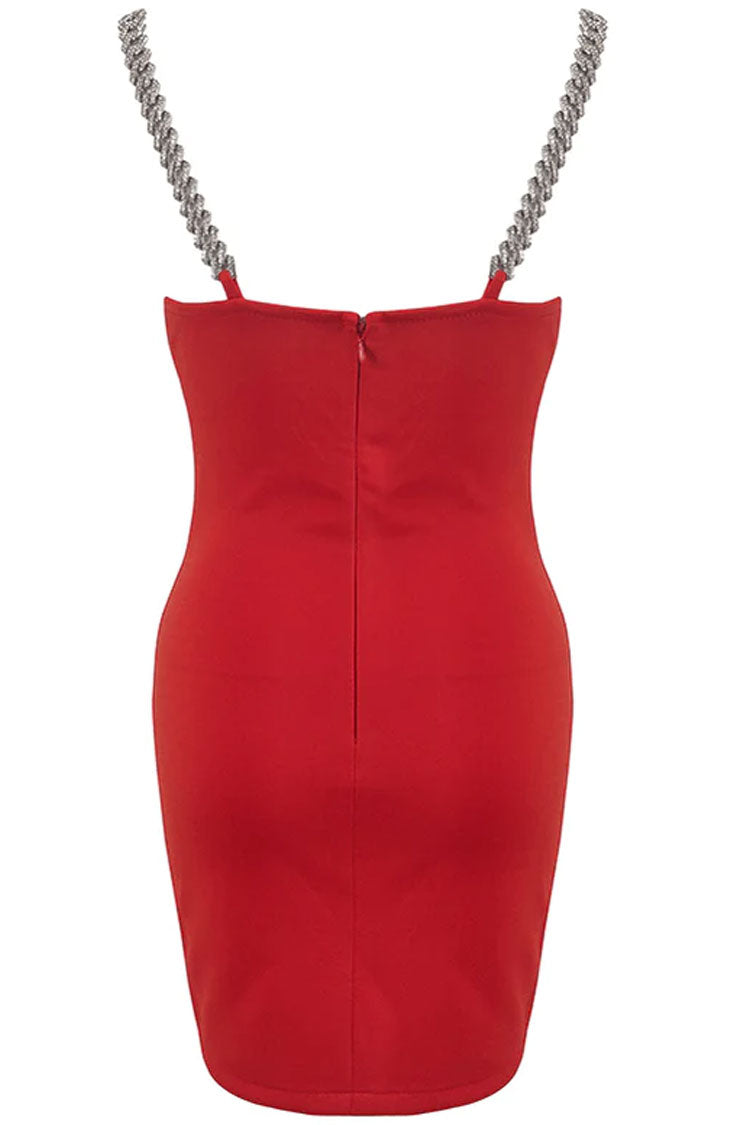 Red Chain Strap Flame Neckline Mesh Cutout Bodycon Mini Dress